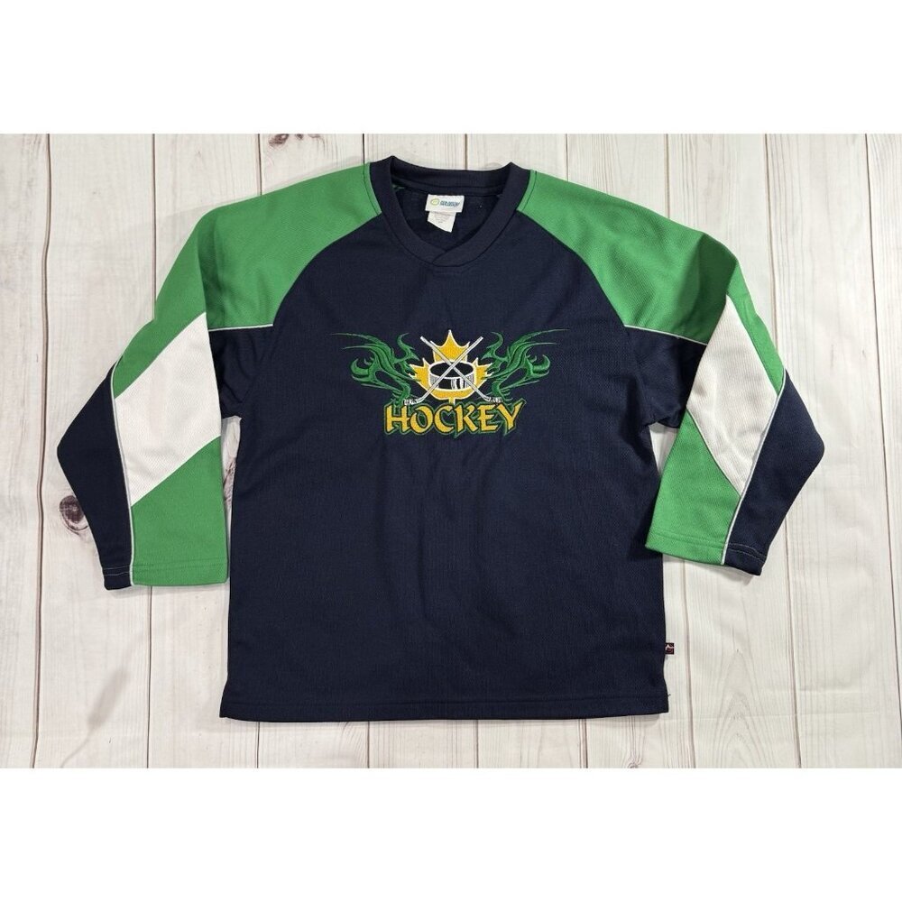 Hockey Jersey Size S Blue Green Boys Embroidered LIKE NEW Puck Sticks Dragons - Picture 1 of 10
